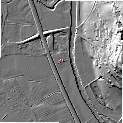 Shaded relief map of the ground around DE564BA, computed from Environment Agency LiDAR. The ground here sits at about 54 m above sea level and falls 61 m across the surrounding 800 m. Surface water reaching this point runs off ground lying to the west, 1.5 m higher.