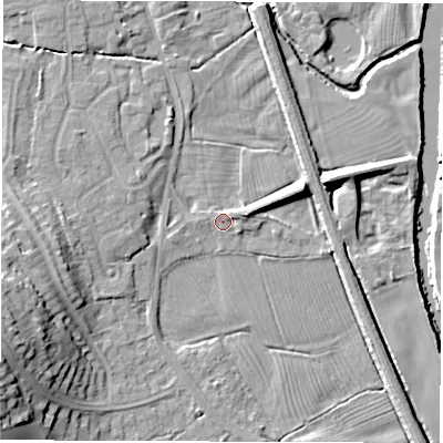 Shaded relief map of the ground around DE564BD, computed from Environment Agency LiDAR. The ground here sits at about 54 m above sea level and falls 19 m across the surrounding 800 m. Surface water reaching this point runs off ground lying to the east-north-east, 6.4 m higher.