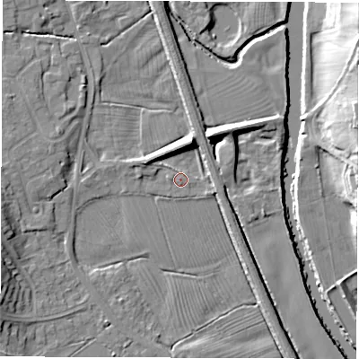Shaded relief map of the ground around DE564BE, computed from Environment Agency LiDAR. The ground here sits at about 54 m above sea level and falls 19 m across the surrounding 800 m. Surface water reaching this point runs off ground lying to the west-north-west, 2.9 m higher.