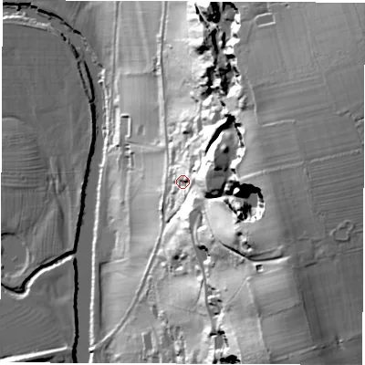 Shaded relief map of the ground around DE564BG, computed from Environment Agency LiDAR. The ground here sits at about 84 m above sea level and falls 84 m across the surrounding 800 m. Surface water reaching this point runs off ground lying to the east, 29.7 m higher.