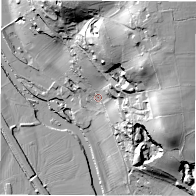 Shaded relief map of the ground around DE564BJ, computed from Environment Agency LiDAR. The ground here sits at about 65 m above sea level and falls 75 m across the surrounding 800 m. Surface water reaching this point runs off ground lying to the north-north-east, 62.1 m higher.