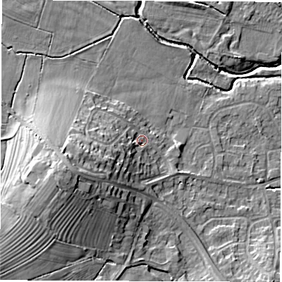 Shaded relief map of the ground around DE564DG, computed from Environment Agency LiDAR. The ground here sits at about 61 m above sea level and falls 20 m across the surrounding 800 m. Surface water reaching this point runs off ground lying to the west-south-west, 9.3 m higher.
