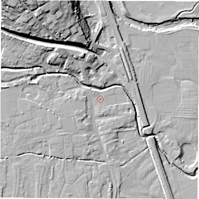 Shaded relief map of the ground around DE564EG, computed from Environment Agency LiDAR. The ground here sits at about 56 m above sea level and falls 28 m across the surrounding 800 m. Surface water reaching this point runs off ground lying to the north-north-west, 0.6 m higher.