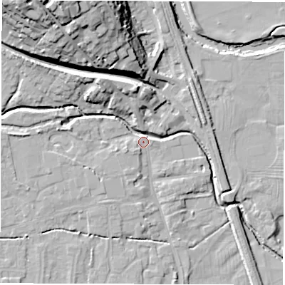Shaded relief map of the ground around DE564EH, computed from Environment Agency LiDAR. The ground here sits at about 56 m above sea level and falls 30 m across the surrounding 800 m. Surface water reaching this point runs off ground lying to the north-west, 11.0 m higher.