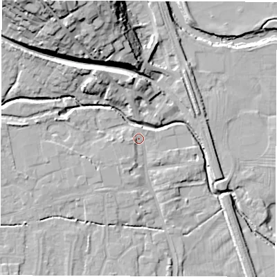 Shaded relief map of the ground around DE564EJ, computed from Environment Agency LiDAR. The ground here sits at about 56 m above sea level and falls 28 m across the surrounding 800 m. Surface water reaching this point runs off ground lying to the west, 1.6 m higher.