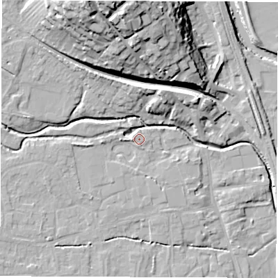 Shaded relief map of the ground around DE564EN, computed from Environment Agency LiDAR. The ground here sits at about 57 m above sea level and falls 31 m across the surrounding 800 m. Surface water reaching this point runs off ground lying to the north, 0.9 m higher.