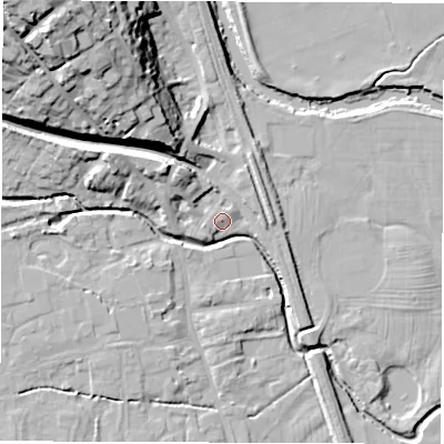 Shaded relief map of the ground around DE564EQ, computed from Environment Agency LiDAR. The ground here sits at about 57 m above sea level and falls 32 m across the surrounding 800 m. Surface water reaching this point runs off ground lying to the north-north-east, 1.6 m higher.