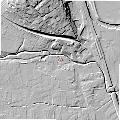 Shaded relief map of the ground around DE564ER, computed from Environment Agency LiDAR. The ground here sits at about 57 m above sea level and falls 31 m across the surrounding 800 m. Surface water reaching this point runs off ground lying to the west, 3.3 m higher.