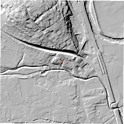 Shaded relief map of the ground around DE564ET, computed from Environment Agency LiDAR. The ground here sits at about 61 m above sea level and falls 33 m across the surrounding 800 m. Surface water reaching this point runs off ground lying to the north-north-west, 6.6 m higher.