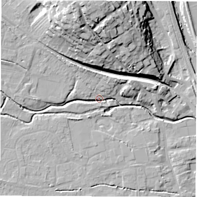 Shaded relief map of the ground around DE564EZ, computed from Environment Agency LiDAR. The ground here sits at about 57 m above sea level and falls 33 m across the surrounding 800 m. Surface water reaching this point runs off ground lying to the north-north-east, 8.4 m higher.