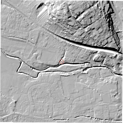Shaded relief map of the ground around DE564FF, computed from Environment Agency LiDAR. The ground here sits at about 58 m above sea level and falls 31 m across the surrounding 800 m. Surface water reaching this point runs off ground lying to the north-west, 7.7 m higher.