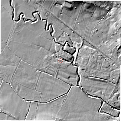 Shaded relief map of the ground around DE564FH, computed from Environment Agency LiDAR. The ground here sits at about 62 m above sea level and falls 20 m across the surrounding 800 m. Surface water reaching this point runs off ground lying to the north-west, 4.7 m higher.