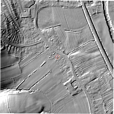 Shaded relief map of the ground around DE564FL, computed from Environment Agency LiDAR. The ground here sits at about 55 m above sea level and falls 27 m across the surrounding 800 m. Surface water reaching this point runs off ground lying to the south-west, 23.5 m higher.