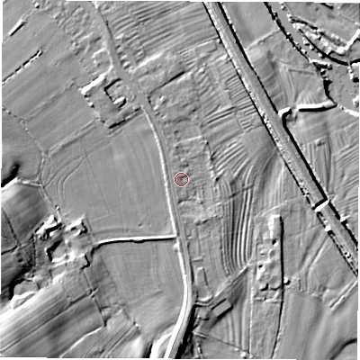 Shaded relief map of the ground around DE564FQ, computed from Environment Agency LiDAR. The ground here sits at about 54 m above sea level and falls 24 m across the surrounding 800 m. Surface water reaching this point runs off ground lying to the north, 1.2 m higher.