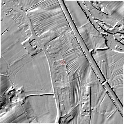 Shaded relief map of the ground around DE564FR, computed from Environment Agency LiDAR. The ground here sits at about 54 m above sea level and falls 18 m across the surrounding 800 m. Surface water reaching this point runs off ground lying to the west, 0.8 m higher.
