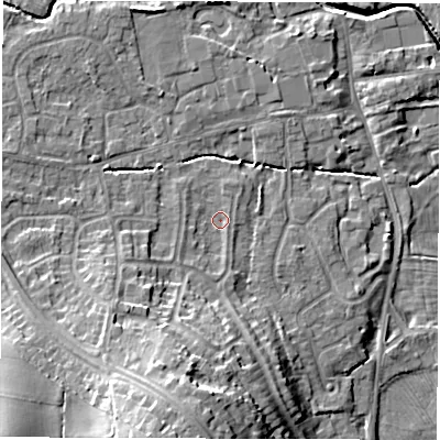 Shaded relief map of the ground around DE564FX, computed from Environment Agency LiDAR. The ground here sits at about 57 m above sea level and falls 20 m across the surrounding 800 m. Surface water reaching this point runs off ground lying to the south, 12.3 m higher.