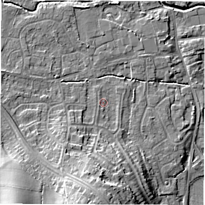Shaded relief map of the ground around DE564FY, computed from Environment Agency LiDAR. The ground here sits at about 57 m above sea level and falls 19 m across the surrounding 800 m. Surface water reaching this point runs off ground lying to the south-south-west, 1.2 m higher.