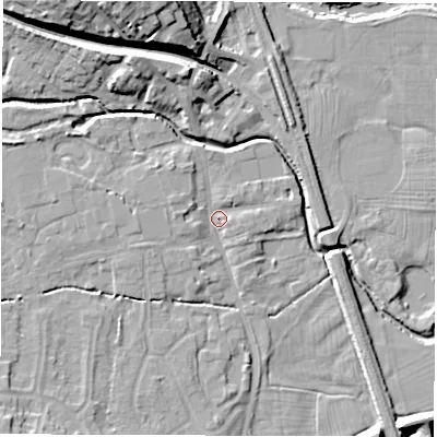 Shaded relief map of the ground around DE564GD, computed from Environment Agency LiDAR. The ground here sits at about 56 m above sea level and falls 21 m across the surrounding 800 m. Surface water reaching this point runs off ground lying to the north-west, 2.4 m higher.