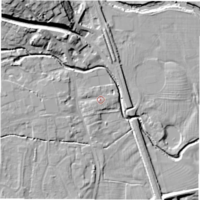 Shaded relief map of the ground around DE564GE, computed from Environment Agency LiDAR. The ground here sits at about 56 m above sea level and falls 22 m across the surrounding 800 m. Surface water reaching this point runs off ground lying to the north-west, 0.9 m higher.