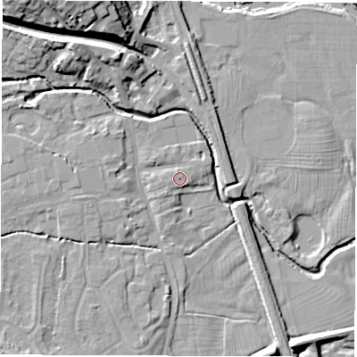 Shaded relief map of the ground around DE564GF, computed from Environment Agency LiDAR. The ground here sits at about 56 m above sea level and falls 21 m across the surrounding 800 m. The ground contributing surface water to this point lies to the west.