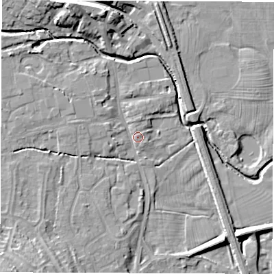 Shaded relief map of the ground around DE564GG, computed from Environment Agency LiDAR. The ground here sits at about 56 m above sea level and falls 14 m across the surrounding 800 m. Surface water reaching this point runs off ground lying to the west-north-west, 2.7 m higher.