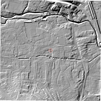 Shaded relief map of the ground around DE564GH, computed from Environment Agency LiDAR. The ground here sits at about 57 m above sea level and falls 13 m across the surrounding 800 m. Surface water reaching this point runs off ground lying to the south-south-west, 9.1 m higher.