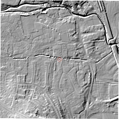 Shaded relief map of the ground around DE564GJ, computed from Environment Agency LiDAR. The ground here sits at about 56 m above sea level and falls 16 m across the surrounding 800 m. Surface water reaching this point runs off ground lying to the south-south-west, 13.1 m higher.