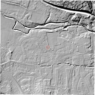 Shaded relief map of the ground around DE564GL, computed from Environment Agency LiDAR. The ground here sits at about 58 m above sea level and falls 19 m across the surrounding 800 m. Surface water reaching this point runs off ground lying to the west-north-west, 1.5 m higher.