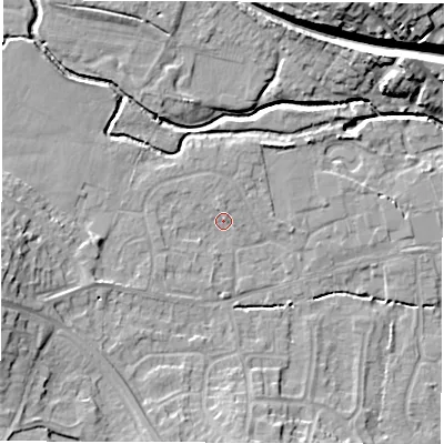 Shaded relief map of the ground around DE564GN, computed from Environment Agency LiDAR. The ground here sits at about 58 m above sea level and falls 19 m across the surrounding 800 m. Surface water reaching this point runs off ground lying to the west-south-west, 9.3 m higher.