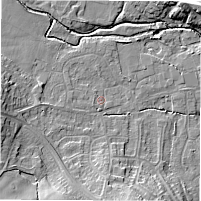 Shaded relief map of the ground around DE564GP, computed from Environment Agency LiDAR. The ground here sits at about 58 m above sea level and falls 13 m across the surrounding 800 m. Surface water reaching this point runs off ground lying to the west, 1.3 m higher.