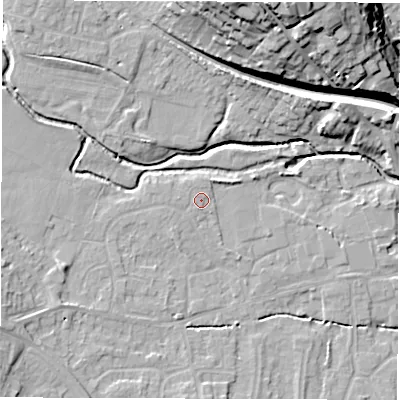 Shaded relief map of the ground around DE564GQ, computed from Environment Agency LiDAR. The ground here sits at about 58 m above sea level and falls 26 m across the surrounding 800 m. The ground contributing surface water to this point lies to the north-west.