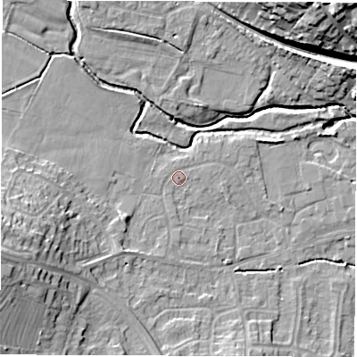 Shaded relief map of the ground around DE564GR, computed from Environment Agency LiDAR. The ground here sits at about 59 m above sea level and falls 22 m across the surrounding 800 m. Surface water reaching this point runs off ground lying to the south-east, 0.6 m higher.