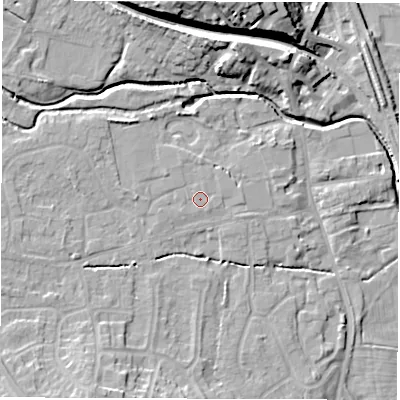 Shaded relief map of the ground around DE564GS, computed from Environment Agency LiDAR. The ground here sits at about 57 m above sea level and falls 18 m across the surrounding 800 m. Surface water reaching this point runs off ground lying to the north-west, 1.5 m higher.