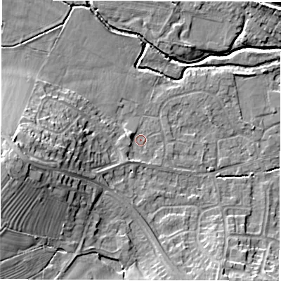 Shaded relief map of the ground around DE564GU, computed from Environment Agency LiDAR. The ground here sits at about 59 m above sea level and falls 19 m across the surrounding 800 m. Surface water reaching this point runs off ground lying to the west-north-west, 2.0 m higher.