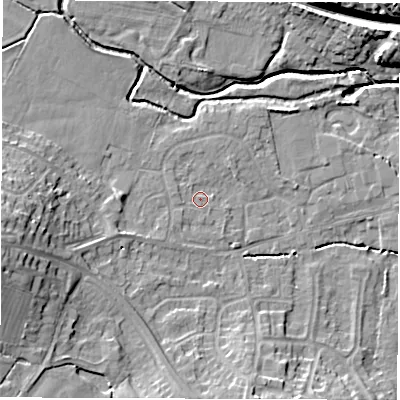 Shaded relief map of the ground around DE564GW, computed from Environment Agency LiDAR. The ground here sits at about 58 m above sea level and falls 16 m across the surrounding 800 m. Surface water reaching this point runs off ground lying to the west-south-west, 11.8 m higher.