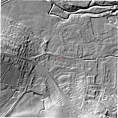 Shaded relief map of the ground around DE564GY, computed from Environment Agency LiDAR. The ground here sits at about 59 m above sea level and falls 19 m across the surrounding 800 m. Surface water reaching this point runs off ground lying to the west, 5.5 m higher.