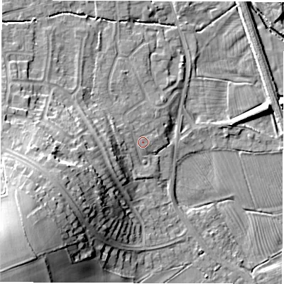 Shaded relief map of the ground around DE564HD, computed from Environment Agency LiDAR. The ground here sits at about 56 m above sea level and falls 30 m across the surrounding 800 m. Surface water reaching this point runs off ground lying to the west, 3.6 m higher.