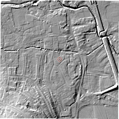 Shaded relief map of the ground around DE564HE, computed from Environment Agency LiDAR. The ground here sits at about 56 m above sea level and falls 19 m across the surrounding 800 m. Surface water reaching this point runs off ground lying to the south-south-west, 14.4 m higher.