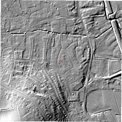 Shaded relief map of the ground around DE564HF, computed from Environment Agency LiDAR. The ground here sits at about 57 m above sea level and falls 23 m across the surrounding 800 m. Surface water reaching this point runs off ground lying to the west-south-west, 0.7 m higher.