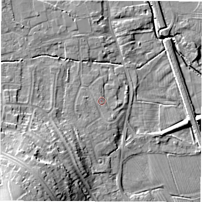 Shaded relief map of the ground around DE564HG, computed from Environment Agency LiDAR. The ground here sits at about 56 m above sea level and falls 22 m across the surrounding 800 m. Surface water reaching this point runs off ground lying to the north, 1.0 m higher.