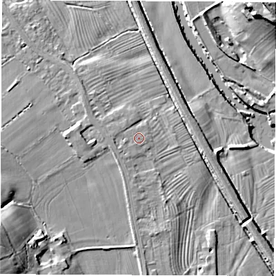 Shaded relief map of the ground around DE564HJ, computed from Environment Agency LiDAR. The ground here sits at about 54 m above sea level and falls 35 m across the surrounding 800 m. Surface water reaching this point runs off ground lying to the west, 1.2 m higher.