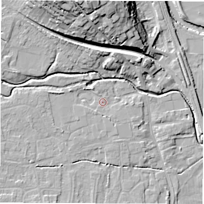 Shaded relief map of the ground around DE564HL, computed from Environment Agency LiDAR. The ground here sits at about 57 m above sea level and falls 28 m across the surrounding 800 m. Surface water reaching this point runs off ground lying to the west, 2.9 m higher.