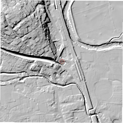 Shaded relief map of the ground around DE564HP, computed from Environment Agency LiDAR. The ground here sits at about 58 m above sea level and falls 33 m across the surrounding 800 m. Surface water reaching this point runs off ground lying to the north-west, 28.3 m higher.