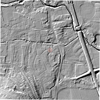 Shaded relief map of the ground around DE564JB, computed from Environment Agency LiDAR. The ground here sits at about 55 m above sea level and falls 19 m across the surrounding 800 m. Surface water reaching this point runs off ground lying to the south-south-west, 1.3 m higher.