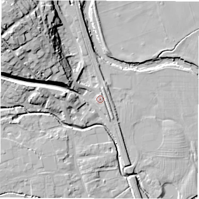 Shaded relief map of the ground around DE564JD, computed from Environment Agency LiDAR. The ground here sits at about 58 m above sea level and falls 32 m across the surrounding 800 m. Surface water reaching this point runs off ground lying to the west-north-west, 12.0 m higher.
