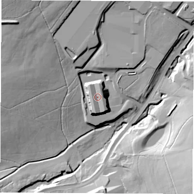 Shaded relief map of the ground around DE58JZ, computed from Environment Agency LiDAR. The ground here sits at about 105 m above sea level and falls 36 m across the surrounding 800 m. Surface water reaching this point runs off ground lying to the north-north-east, 2.3 m higher.