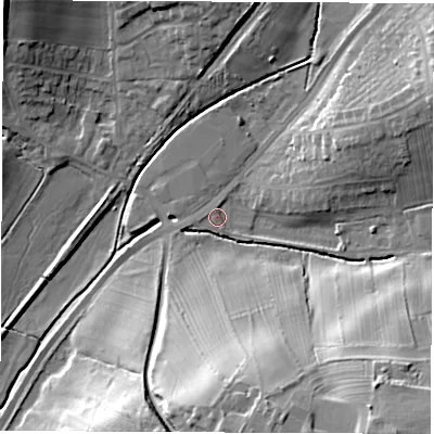 Shaded relief map of the ground around DE58LG, computed from Environment Agency LiDAR. The ground here sits at about 73 m above sea level and falls 30 m across the surrounding 800 m. Surface water reaching this point runs off ground lying to the south-east, 28.0 m higher.