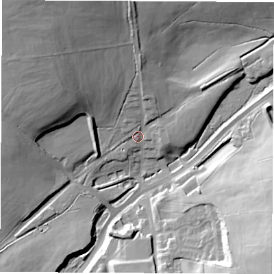 Shaded relief map of the ground around DE58ND, computed from Environment Agency LiDAR. The ground here sits at about 84 m above sea level and falls 33 m across the surrounding 800 m. Surface water reaching this point runs off ground lying to the north, 8.3 m higher.