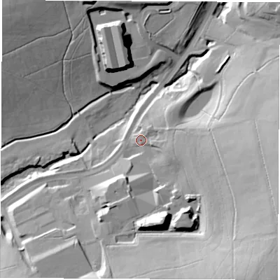Shaded relief map of the ground around DE58NJ, computed from Environment Agency LiDAR. The ground here sits at about 94 m above sea level and falls 44 m across the surrounding 800 m. Surface water reaching this point runs off ground lying to the east, 15.5 m higher.
