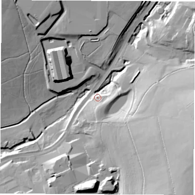 Shaded relief map of the ground around DE58NN, computed from Environment Agency LiDAR. The ground here sits at about 93 m above sea level and falls 46 m across the surrounding 800 m. Surface water reaching this point runs off ground lying to the east-south-east, 42.7 m higher.